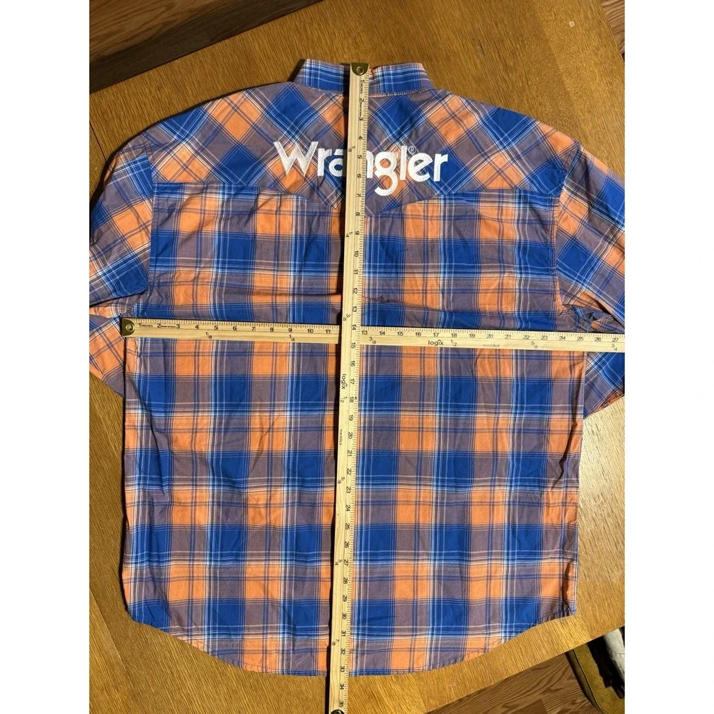 Wrangler Shirt Men's XL Orange‎ Blue Plaid Pearl Snap Western Rodeo Logo LS